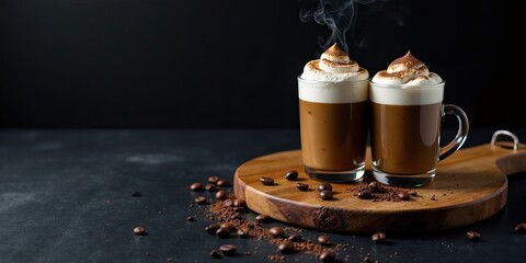 Two steaming cups of coffee topped with whipped cream and cocoa powder, presented on a wooden board with scattered coffee beans and cocoa powder.