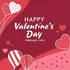 Happy Valentine's day February 14th text with hearts in red pattern background. Happy Valentine's Day greeting card. 