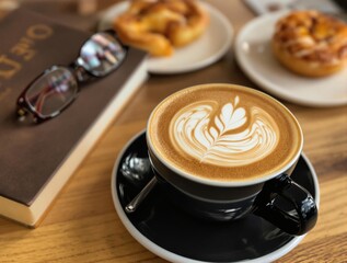 Cappuccino with elegant latte art in a black cup on a wooden table, set against a background of a book, glasses, and fresh baked buns, concept of cozy café indulgence.