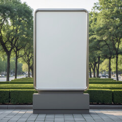 A blank vertical street billboard with a clean white surface, framed by a sleek metallic border.