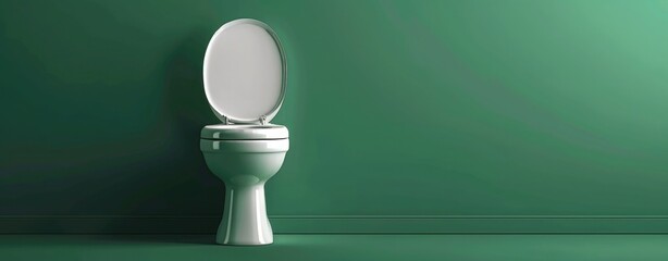 A white toilet bowl isolated with its lid up against an empty green wall, symbolizing the need for loo layered design in small spaces