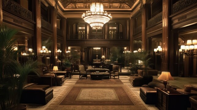 Step Back in Time: Luxurious 1920s Hotel Lobby with Elegant Guests Checking In