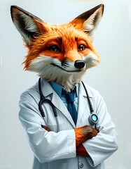 A mischievous-looking fox dons a white coat and stethoscope, striking a confident pose. This whimsical image, created with Generative AI, brings a playful twist to the world of medicine.