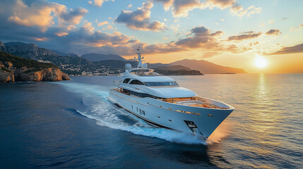 luxurious yacht with a sleek, modern design, gracefully cruising on calm blue waters
