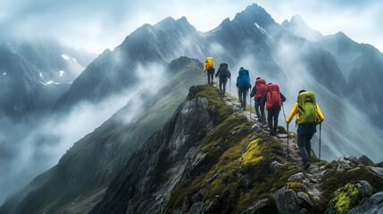 group of hikers climbing a steep mountain trail, wearing colorful gear, surrounded by misty peaks and rugged terrain