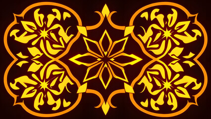 Fototapeta premium Golden Floral Mandala: Intricate design in shades of gold and orange on a dark brown background. Symmetrical pattern, perfect for backgrounds, textiles, and decorative arts. 