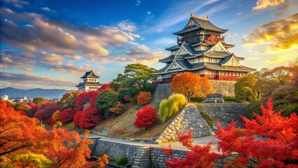 Fototapeta premium Osaka Castle Autumn Leaves Photography: Stunning Japanese Fall Scenery, Chuo-ku Panoramic View