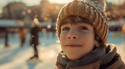 portrait of happy cute caucasian boy 10 years old on winter day skating on outdoor rink, winter fun