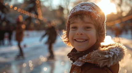 portrait of happy cute caucasian boy 10 years old on winter day skating on outdoor rink, winter fun