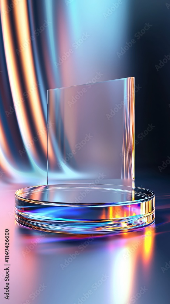Poster elegant glass display stand with colorful light reflections and soft background