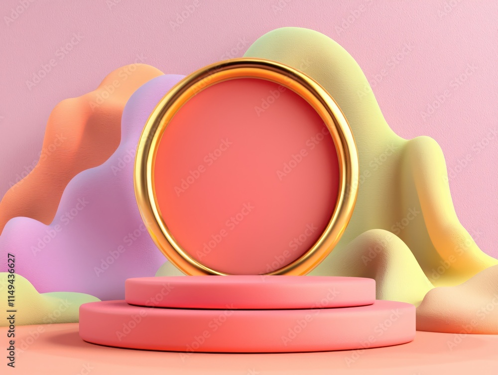 Poster elegant round frame on soft abstract background with pastel colors and smooth shapes