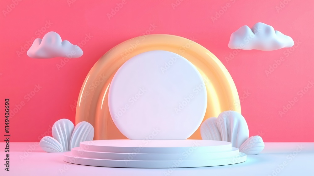 Poster modern minimalist studio scene with colorful arch and soft cloud elements