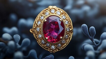 Fototapeta premium A macro shot of a ruby set in a vintage brooch, with delicate gold engravings and sparkling accents.