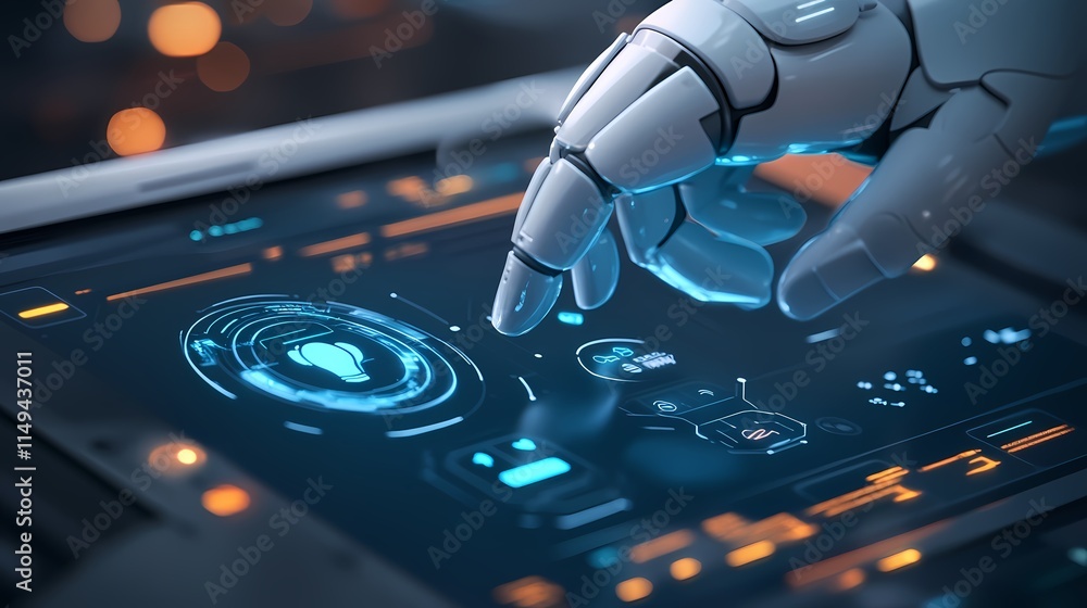 Poster futuristic robotic hand interacting with touchscreen interface technology display