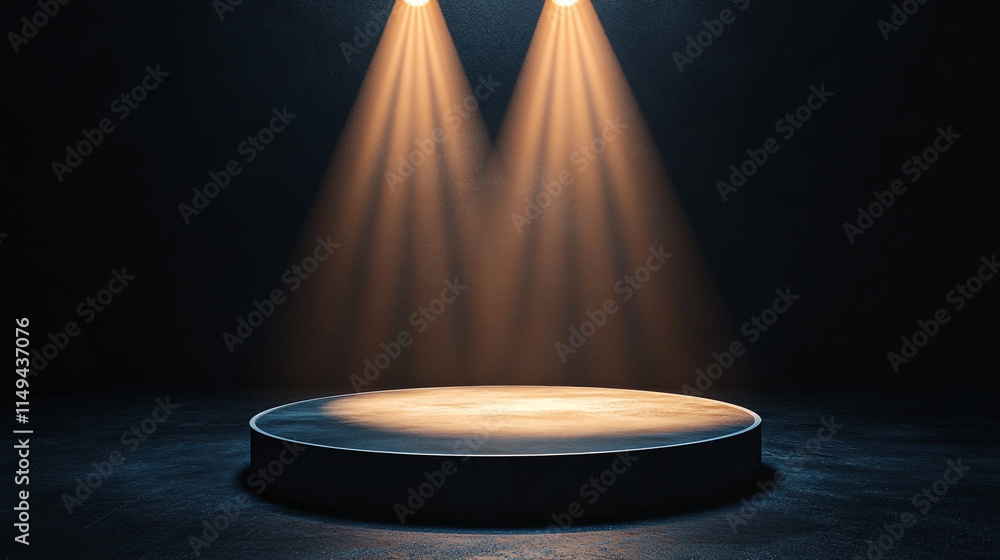 Poster bright lights illuminate a circular stage in a dark performance space.