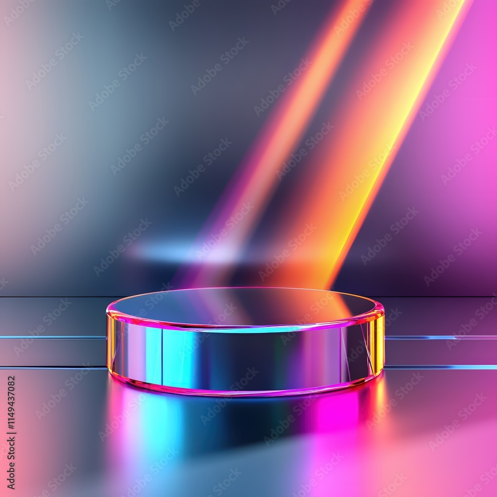 Poster vibrant abstract background with neon light beams and circular stand for display