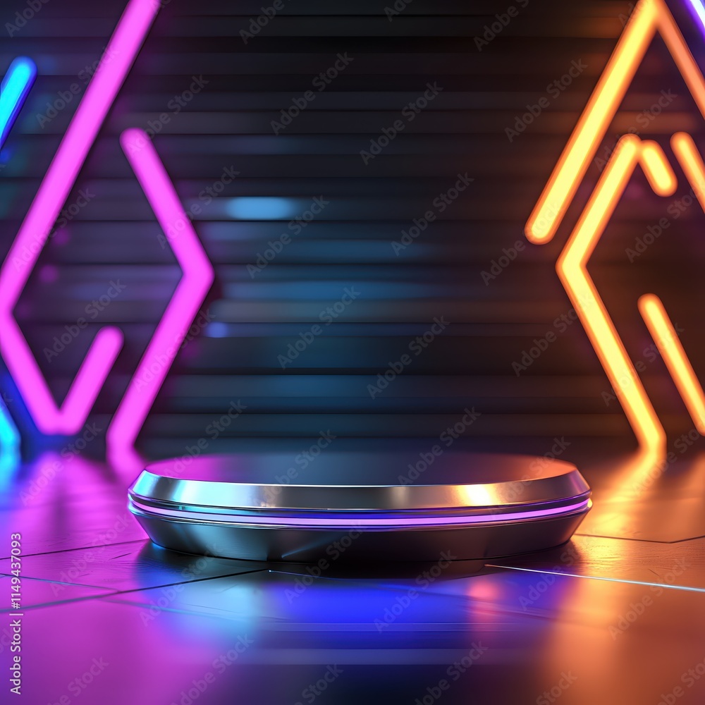 Poster futuristic display stage with neon lights and geometric patterns for modern presentations