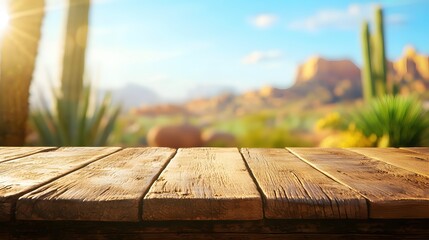 Rustic Wooden Table Overlooking Desert Landscape with Scenic Mountains and Cacti