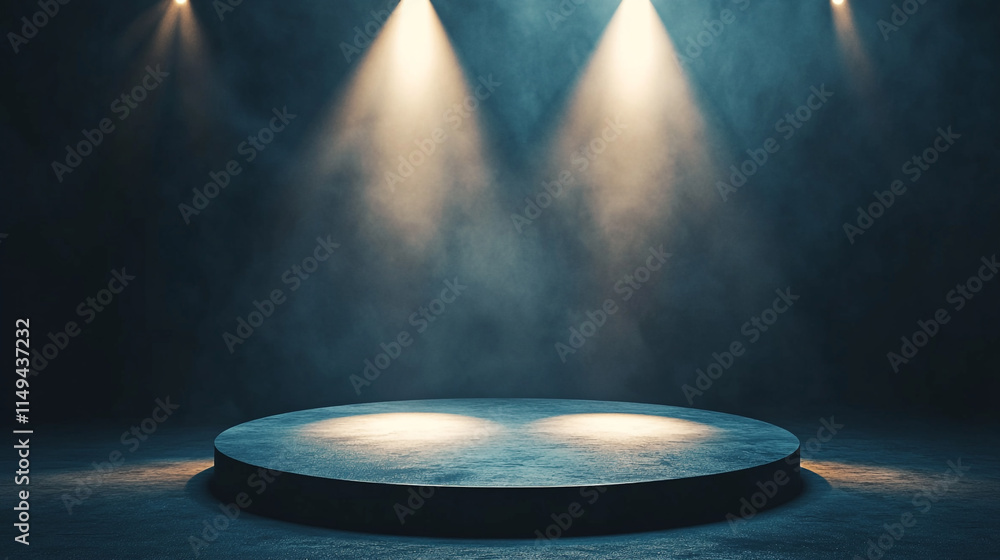 Poster spotlight on empty stage ready for performance in dark theater setting.
