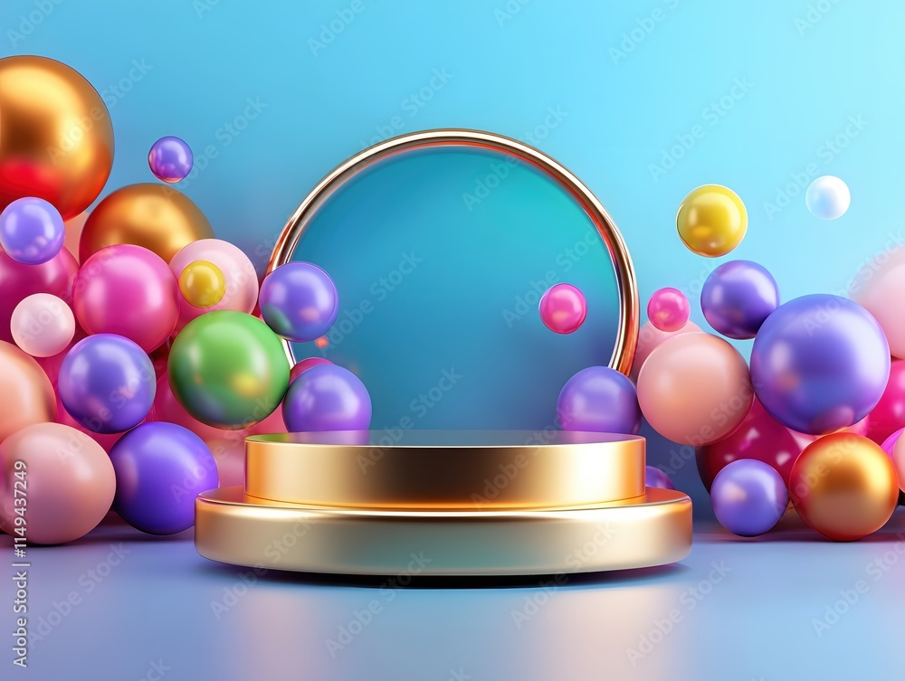 Poster colorful 3d scene with bubbles and empty pedestal for display or presentation use