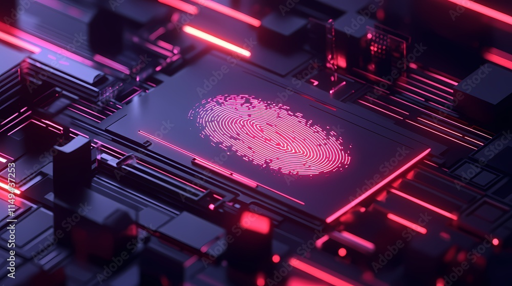 Poster high-tech digital fingerprint with neon glow on circuit board background