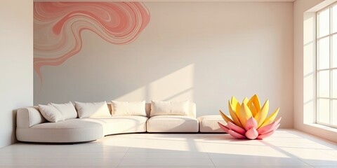 Serene Minimalist Living Room Interior Design Featuring a Modern Sectional Sofa and Abstract Floral Decor