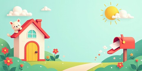 A whimsical illustration of a cheerful home, a cute animal friend, and a mailbox with a letter, set against a sunny, idyllic landscape