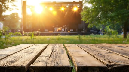 Obraz premium Rustic Wooden Surface with Outdoor Stage and Bright Sunlight in Background