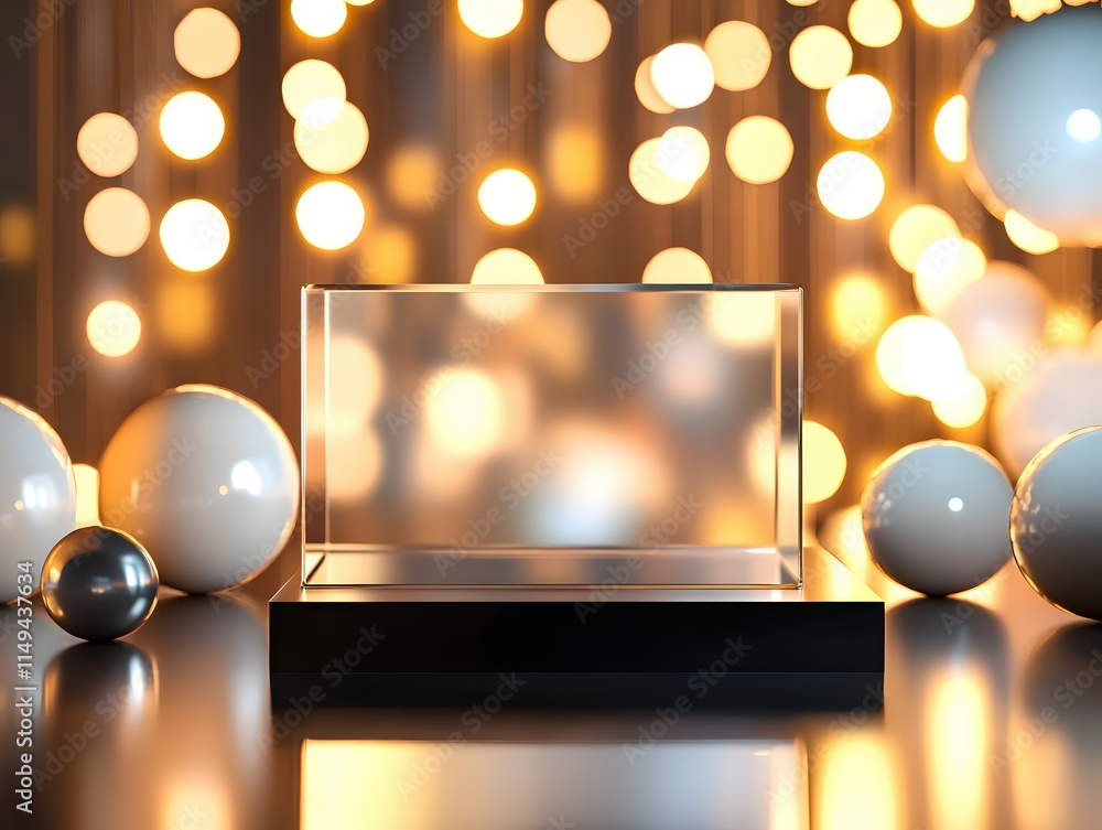 Poster elegant display podium with bokeh lights and polished spheres for showcase events