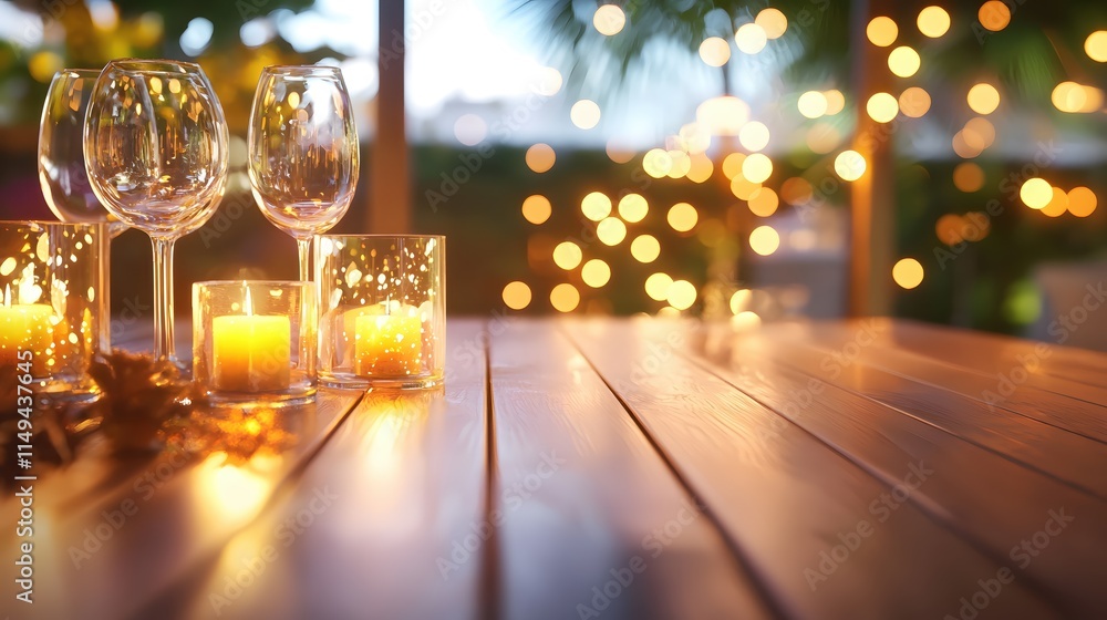 Poster elegant table setting with wine glasses and candles amidst soft bokeh lights