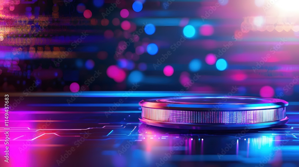 Poster futuristic abstract technology background with colorful lights and circular platform