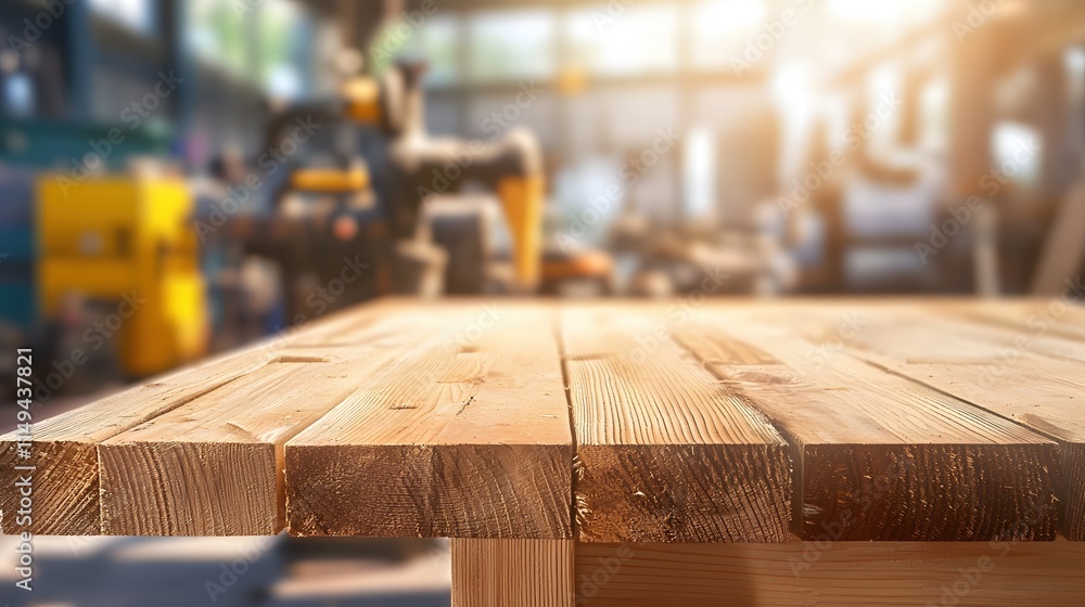 Poster close-up view of wooden table surface in bright workshop environment with tools