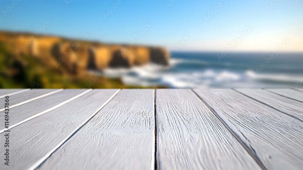 Poster serene coastal view with soft waves and blurred cliffs in the background
