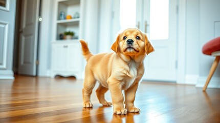 A tiny golden retriever puppy explores a warm living room, its bright fur shining in the afternoon light as it curiously loosens up and plays
