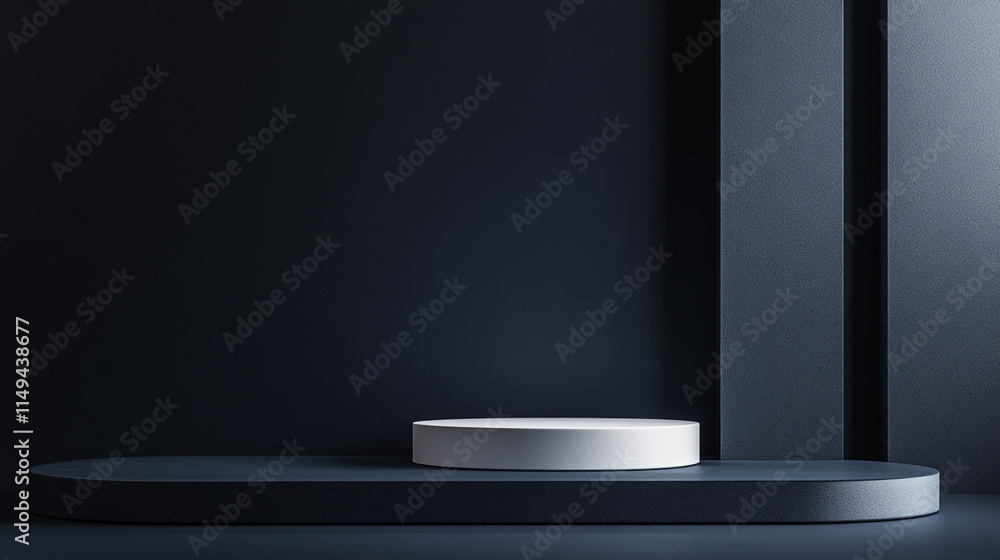 Poster modern display setup featuring a minimalistic round pedestal on a dark surface.