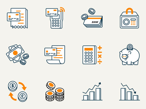 money finance concept vector 2d icon and symbol set