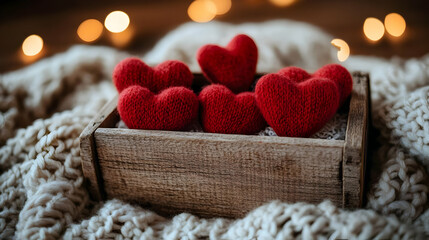 Fototapeta premium Cozy Knit Hearts in Wooden Box