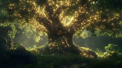Enchanting luminous tree in a mystical forest scene