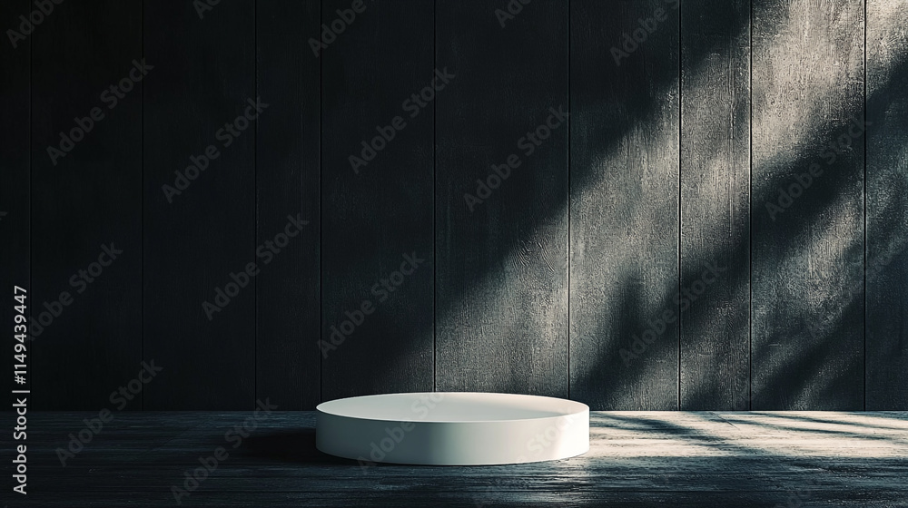 Poster minimalistic display platform with soft shadows in a dimly lit room.