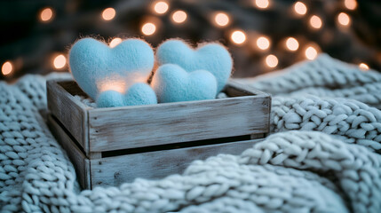 Cozy Winter Illustration: Blue Felt Hearts in Wooden Box
