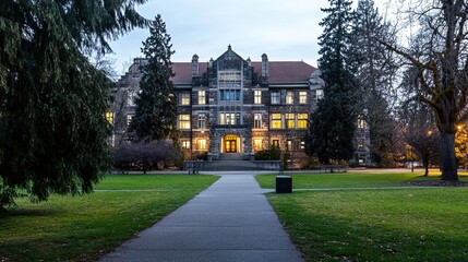 Courthouse building exterior bathed in warm sunset hues, symbolizing justice and order amidst the tranquility of evening light.