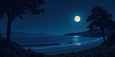 Fototapeta premium Serene Night Ocean Shore Under Full Moon's Glow, Silhouetted Trees Frame the Scene