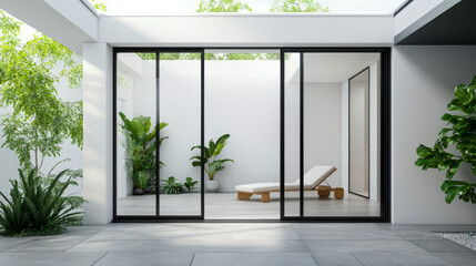 Obraz premium Minimalist indoor patio with modern glass sliding doors and greenery