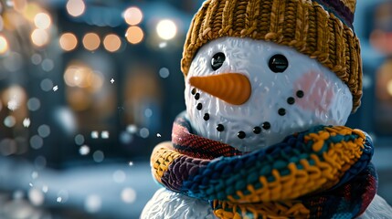 A cheerful snowman with a knitted hat and colorful scarf, smiling against a softly blurred winter background, evoking warmth and holiday spirit.