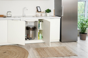 Trash bin with foot pedal under sink in kitchen