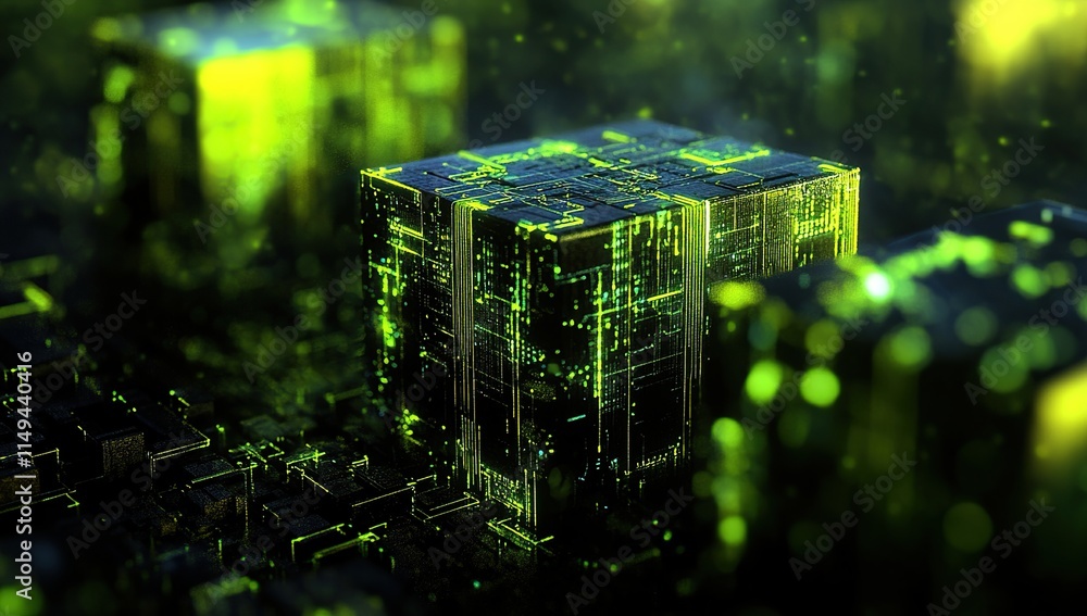Poster exploring futuristic circuits: digital cubes illuminate advanced technology mysteriously