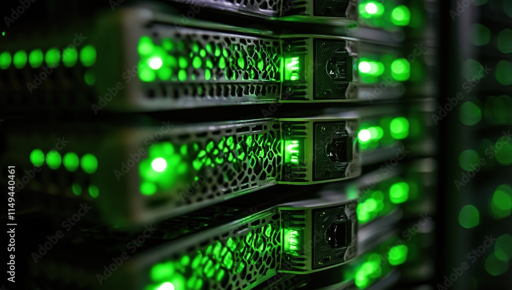 Poster exploring the server rack: data center hardware and green lights illuminate the digital world.