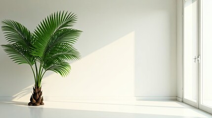 Serene Minimalist Room with Palm Plant and Sunlight Streaming Through a Door