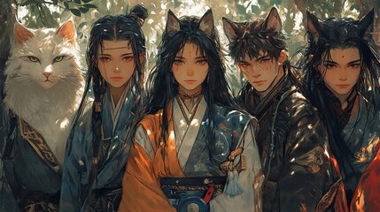 Fantasy Anime Group Portrait: Elegant Asian Characters with a Cat