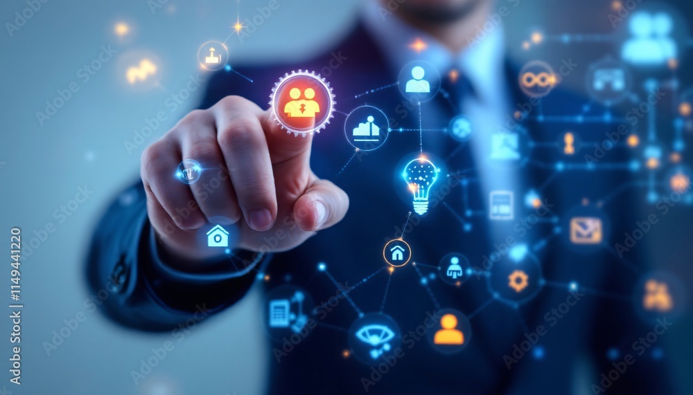 Poster digital network businessman touching interactive interface technology teamwork innovation global
